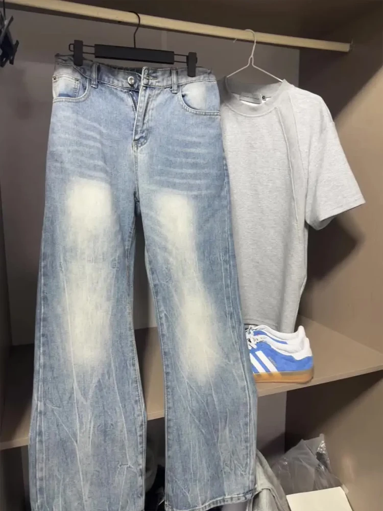 

Мужские джинсы YKEE American High Street с принтом молнии, осенние, синие, премиум-класса, Cleanfit, расклешенные брюки