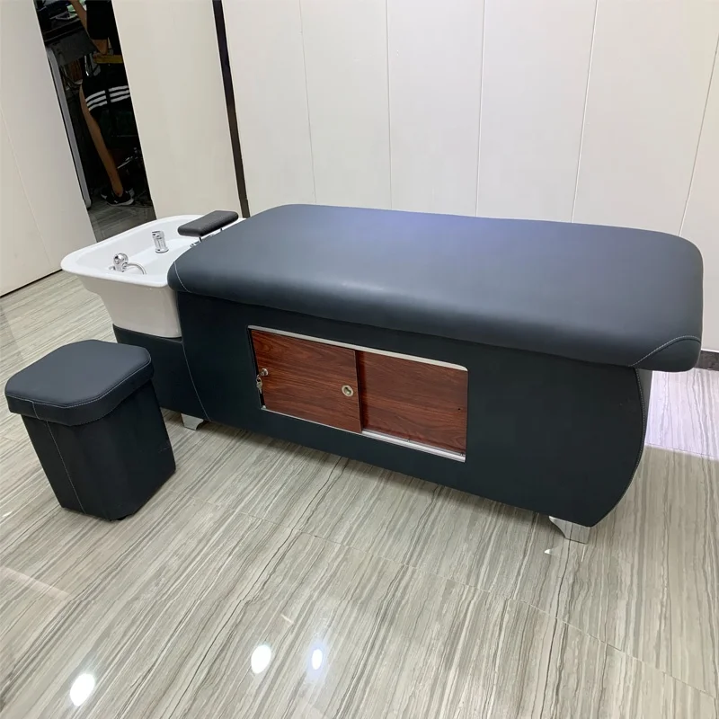 Hot Sale Black Hydraulic Massage Shampoo Chair Bed Salon Shampoo Bowl And Chair With Storage Cabinet