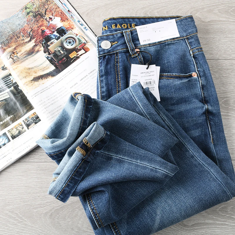 

Premium Cotton Stretch Men's Slim Straight Jeans Spring Summer Thin Faionable Versatile High Waist Zipper Casual Long Pants