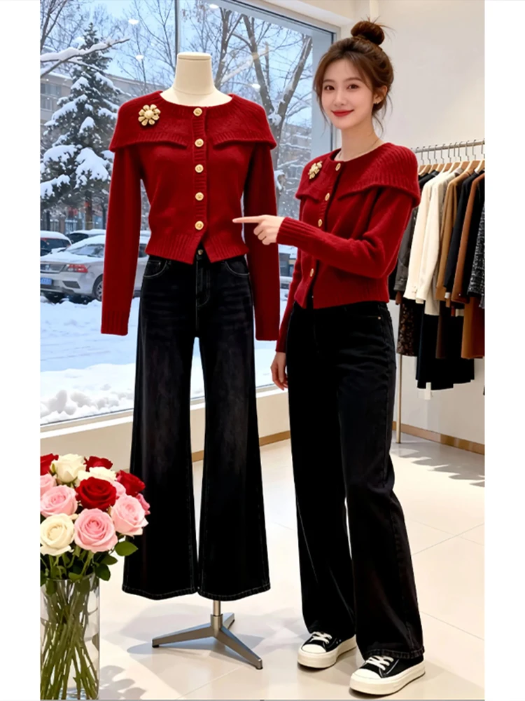 

Red Knitted Cardigan Women's Short Top Unique Beautiful Small Fragrance Style Sweater Coat Autumn Winter Fashion Outerwear
