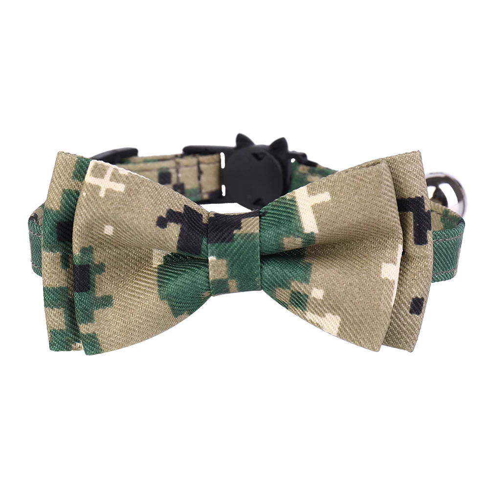 Camouflage Printed Cat Collar with Removable Bow Tie for Puppies Cats Safety Buckle Pet Neck Collar with Bells Cat Necklace