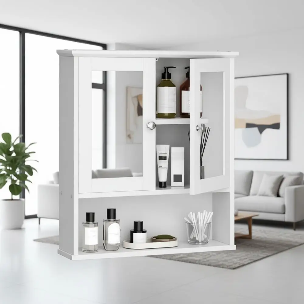 

White Wall-Mounted Wood Medicine Cabinet with Adjustable Shelves and Mirror