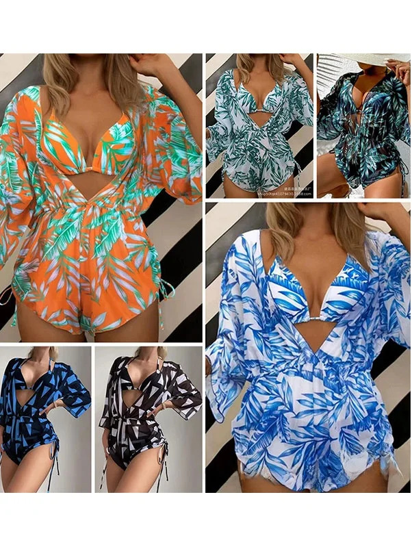 Leaf Print Three Piece Set Bikini Long Sleeve Waist Cinched Beach Swimming Suit Women's V Neck Polyester Swimsuit for Beach A...