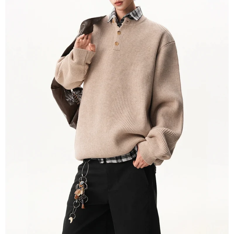 

American Retro Henley Collar Button Sweater Men Women Winter Loose Slouchy Long Sleeve Base Pullover Knitwear