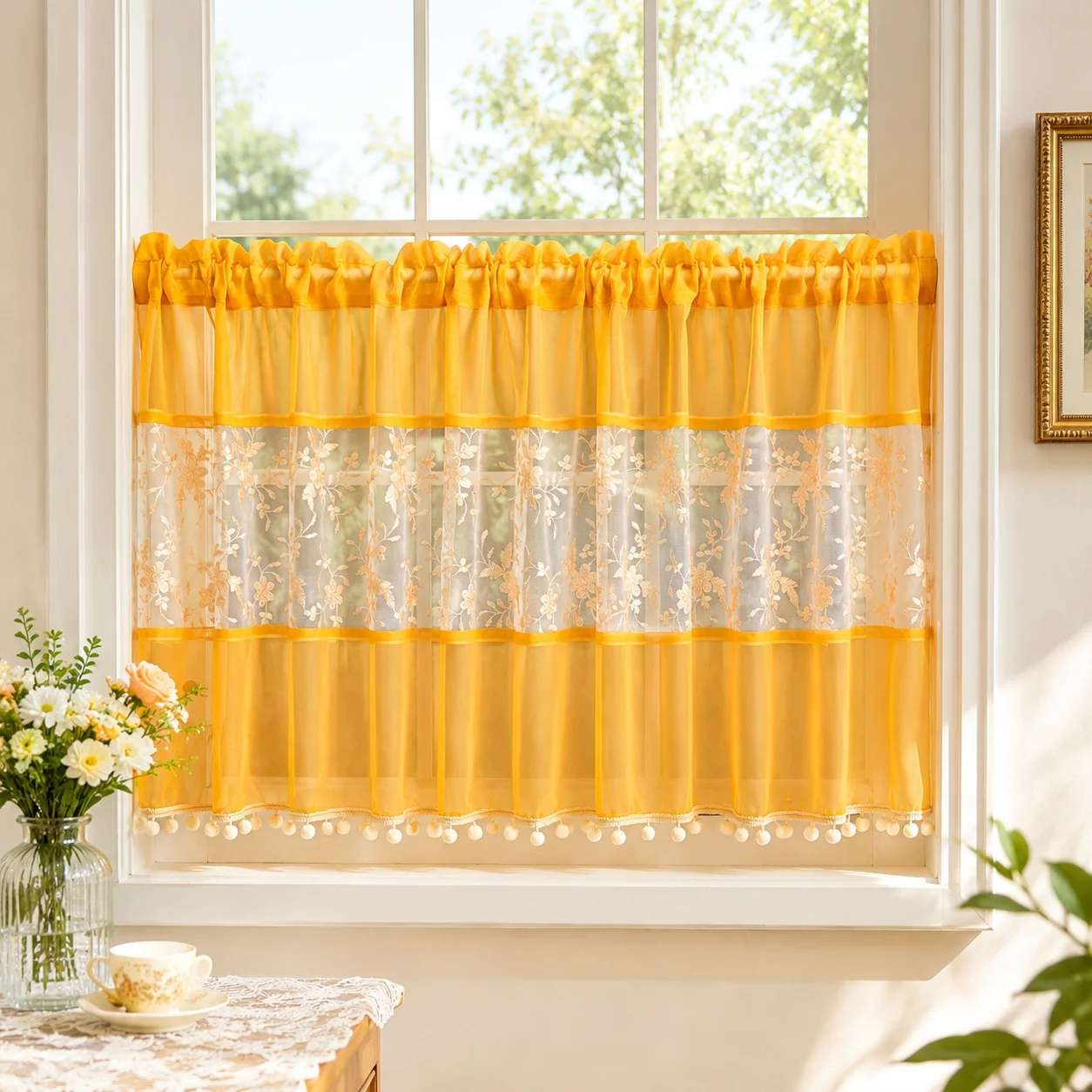 ستارة شفافة بيضاء بزخارف برتقا - مراجعة Embroidery Kitchen وسعره