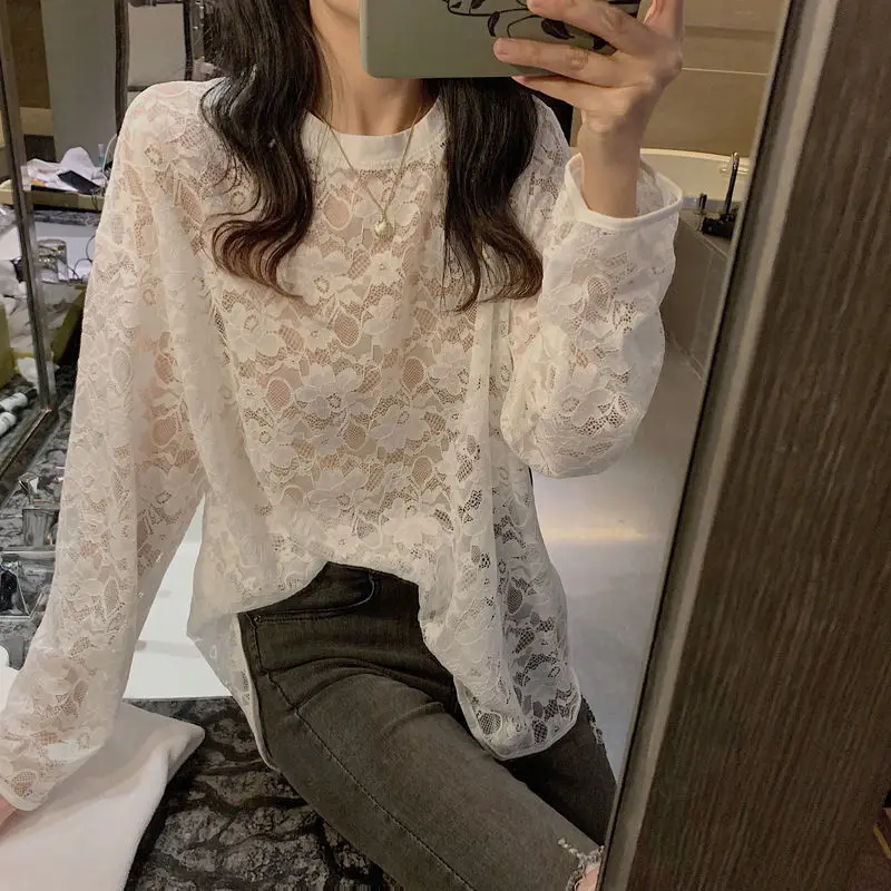 Women\'s 2024 Spring Summer New Fashion Commuti Round Neck Solid Color Loose Lace Versatile Gauze Hollow Out Poncho T-shirts Tops