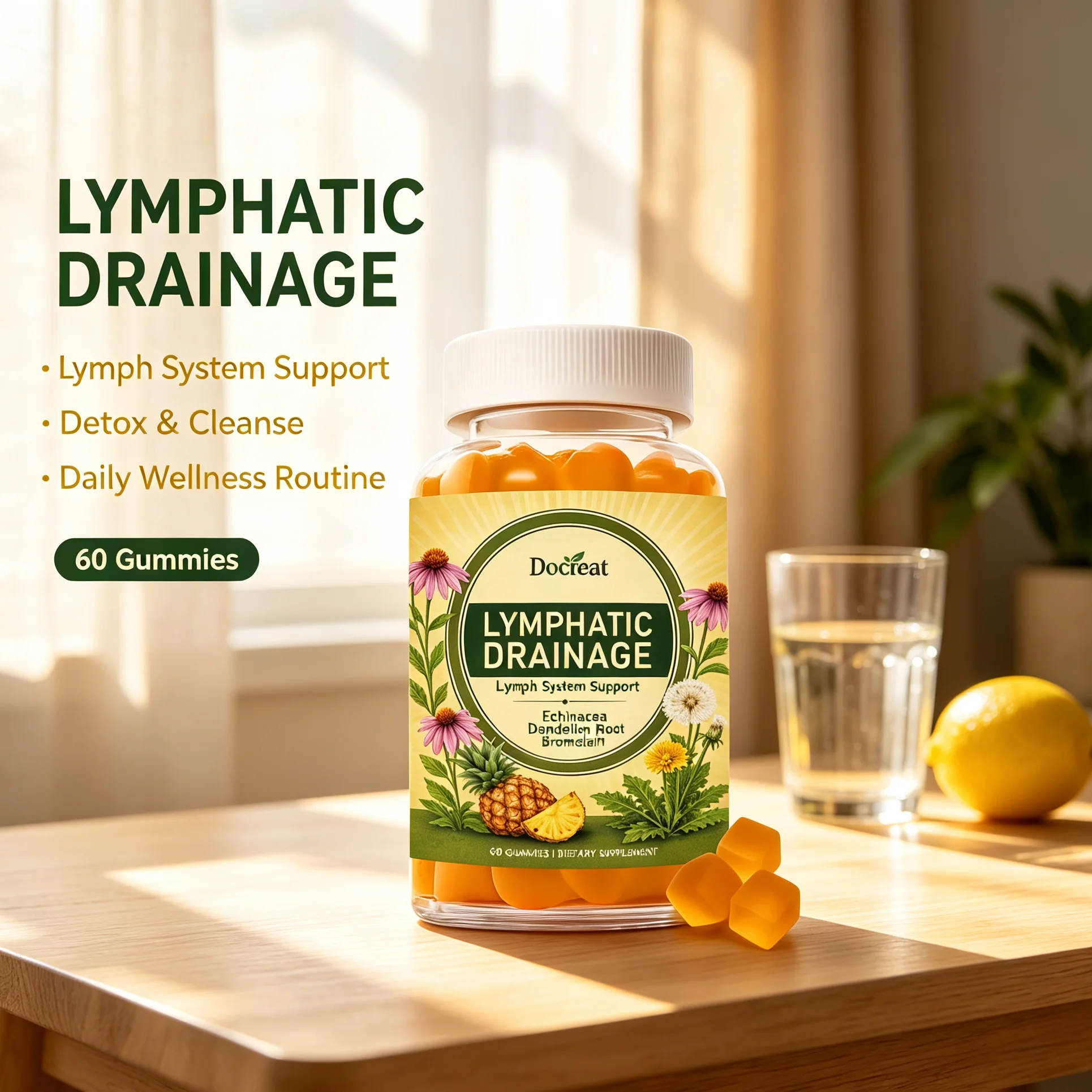 Herbal Lymphatic Drainage Gummies Dandelion Burdock Root Vitamin Lymph Support Detox Cleanse Body Fluid Balance Immune Gummies
