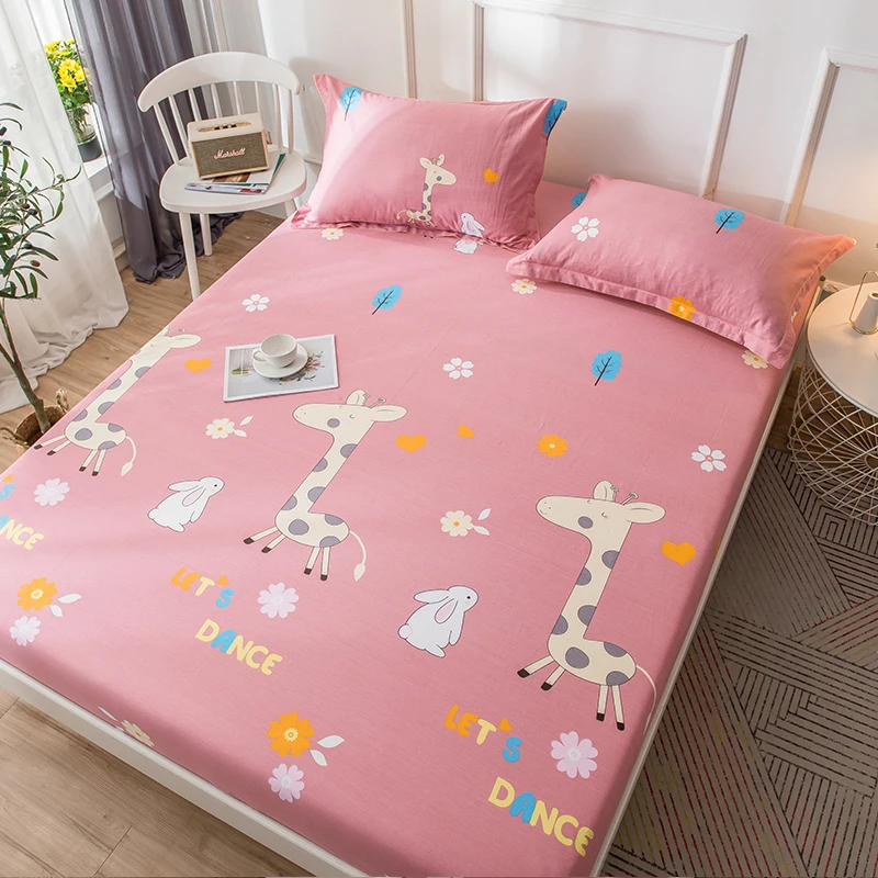 Cartoon Rabbit Giraffe Fitted Sheet with 2 Pillowcase 100% Cotton Botanical Floral Pink Bed Sheet Set Twin for Kids Girls Room