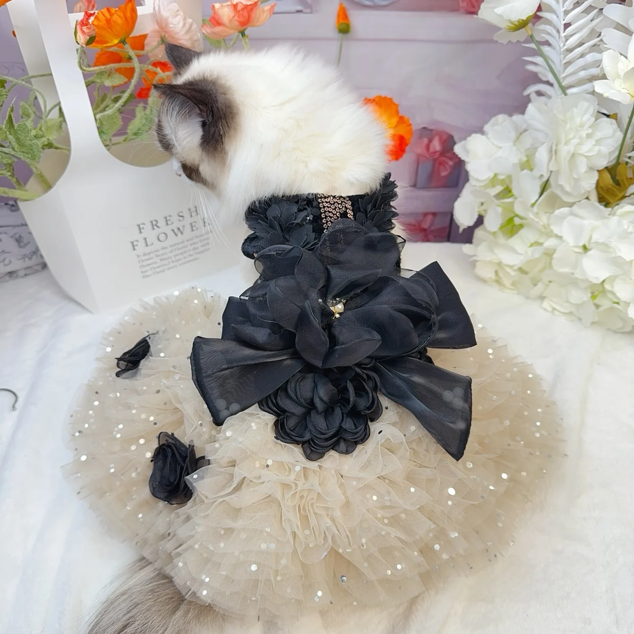 Fashion Sexy Black Roseflower Puppy Dog Clothing Sequin Lace Sling Princess Dress For Small Medium Dog Chihuahua Pet Dog Clothes