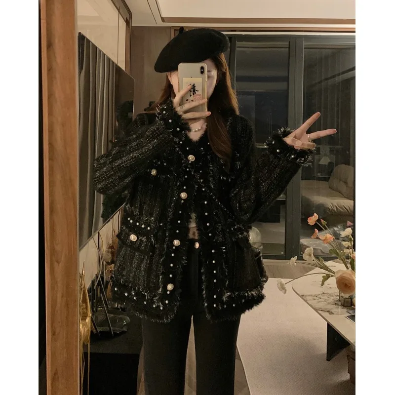 

Heavy-Beaded Knit Cardigan Women's plus Size Pearl Embellished Long Sleeve V-Neck Slimming Outerwear Autumn Winter New Style