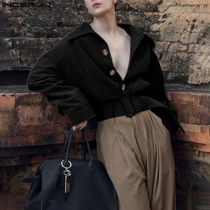 

INCERUN мужские куртки однотонные с лацканами и длинными рукавами на пуговицах повседневная мужская одежда уличная одежда 2025 свободные модные мужские тонкие пальто S-5XL