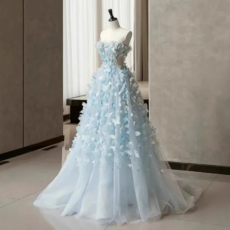 

Elegant Blue Flower Strapless Evening Dress, French Art Exam Host Dress, New High-end Style, Toasting Bride's Morning Gown