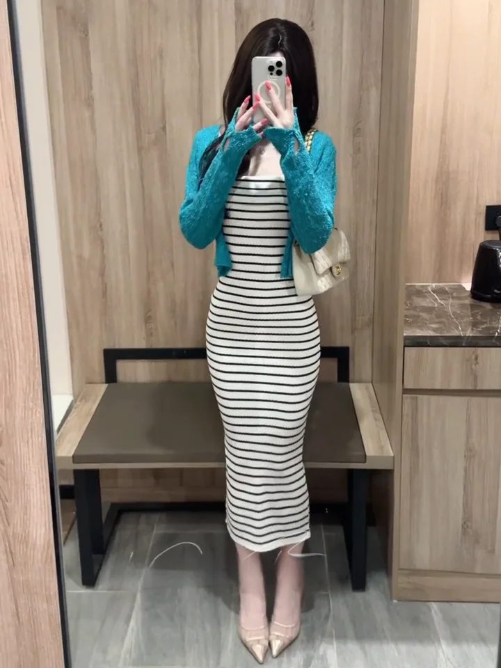 Women's Short Sleeveless Top And Skirt Set with Belt in Black And White Stripes Contrast Color Design Hollow out Texture Style