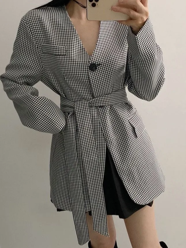 

Chic Vintage Plaid Suit Jaet Women's Spring 2026 Belted Slimming Ele Sle Long Sve Midi Length Single Button