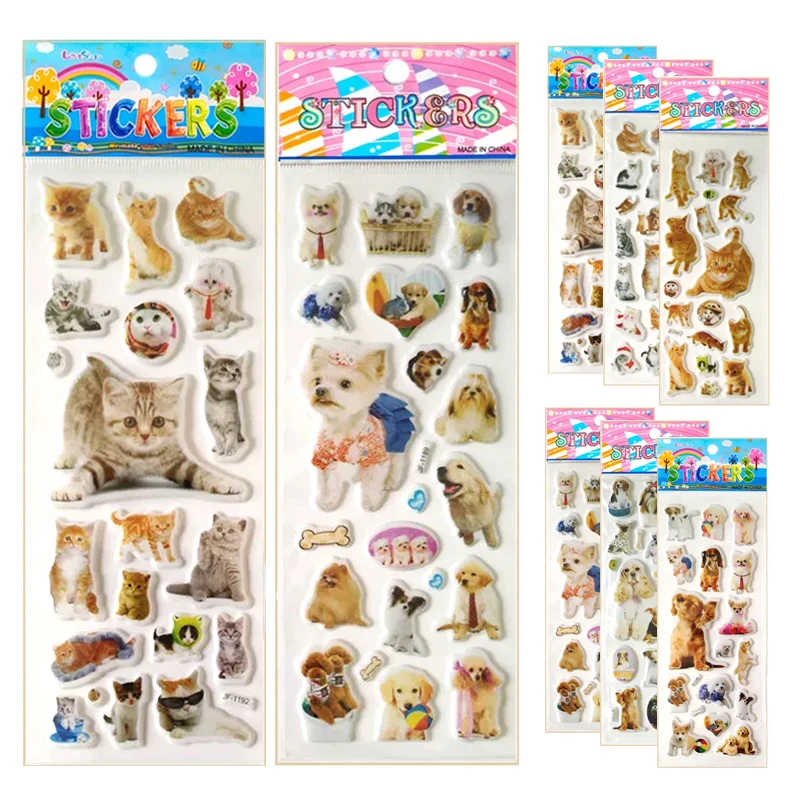 6 Sheets 3d Pet Dog and Cat Stickers for Car Styling Scrapbook Animal Bubble Reward Stickers for Kids Gift for Boy Girl Toy