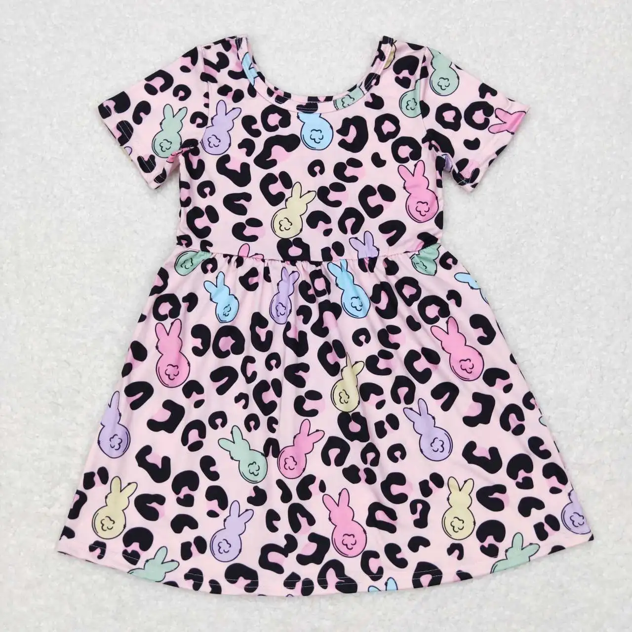 

New Wholesale Girls Summer Short Sleeve Easter Dress Round Neck Features Pattern Printing Bright Colors