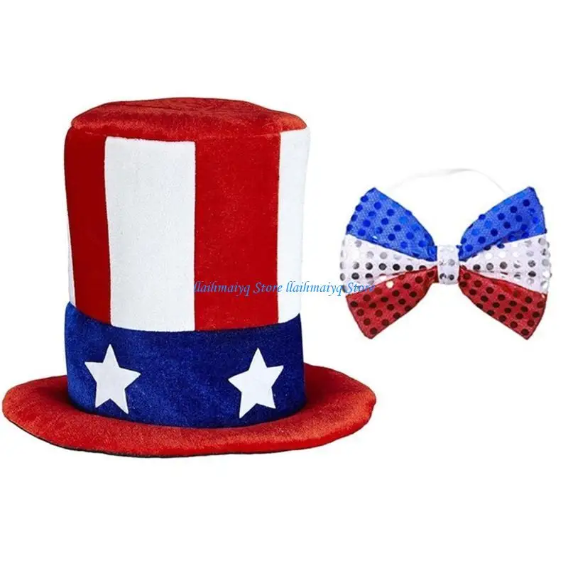 573B احتفالي يوليو 4th Stovepipe قبعة وربطة عنق مجموعة لمتجر كشك السوق ملحق عيد الاستقلال قبعة حفلة زي