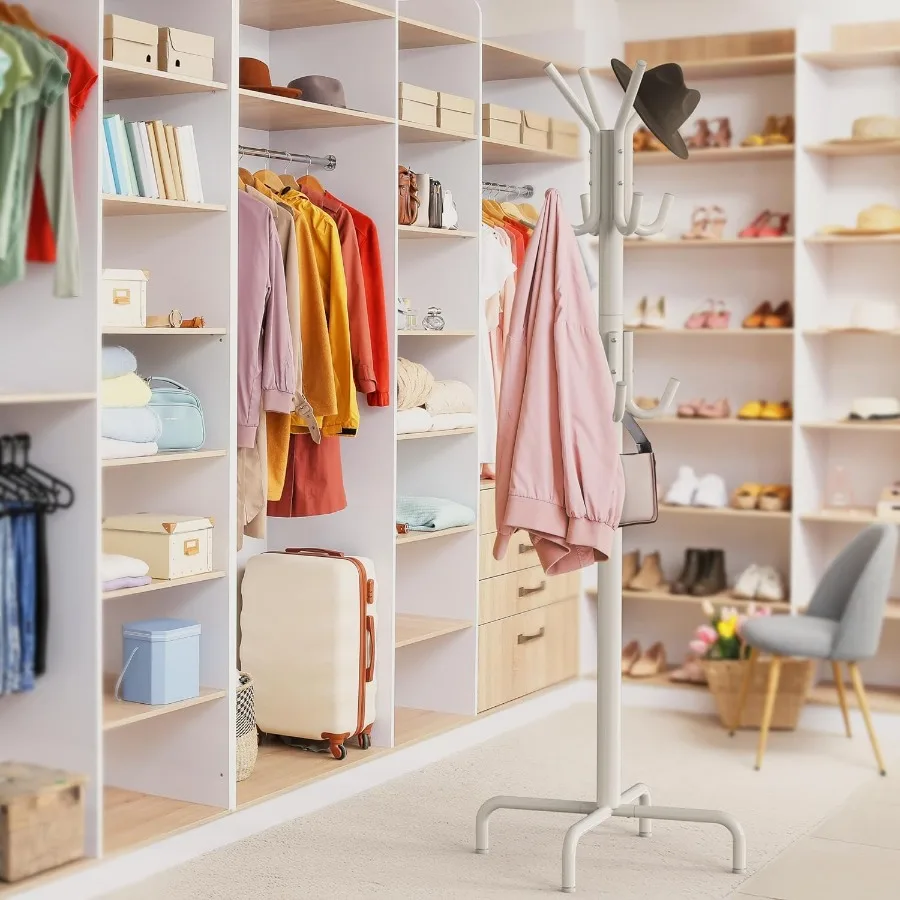 معطف قائم على الحائط ورف منظم شماعات القبعة مع 12 خطافًا لغرفة النوم في المدخل أو خزانة تخزين بيضاء موفرة للمساحة #4