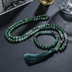 8mm Red Green Epidote Zoisite Labradorite Beaded 108 Mala Necklace Set Yoga Prayer Rosary Tassel Jewelry for Men and Women