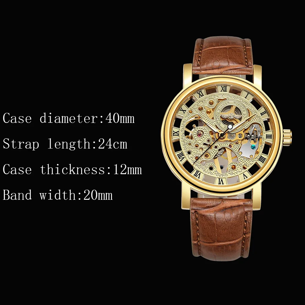 T-WINNER Klassische Skelett-Herrenuhr mit Gravur, hohl, mechanisch, Lederarmband, römische Ziffer, leuchtende Zeiger, lässige Herrenuhr