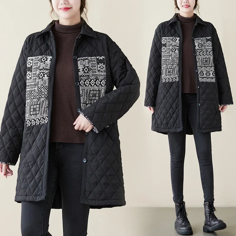 Women's Loose Thin Warm Folder Cotton Jacket Literary Retro Long Section Diamond-shaped Grid Autumn and Winter Coat