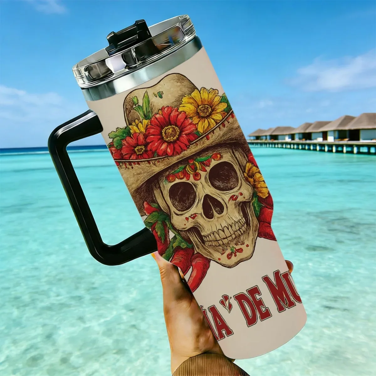 40oz Tumbler with Handle Dia De Los Muertos Sugar Skull Sombrero Print Insulated Cup, Other colors sold out, random black or white shipment for other color orders