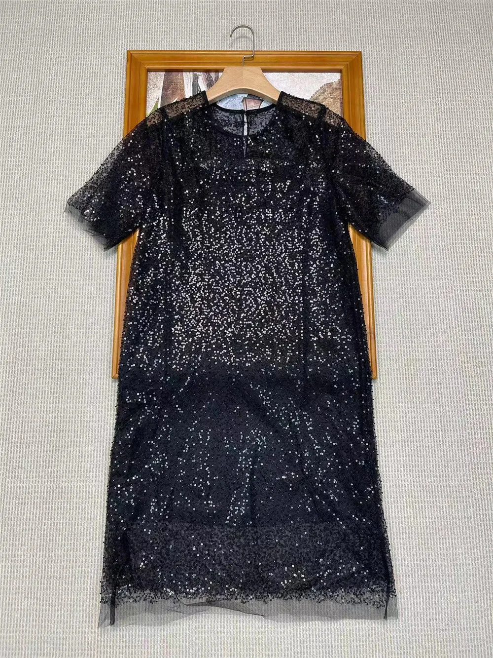 Vestido de lantejoulas frisado artesanal feminino, anti-sheer vestidos de 2 peças, manga curta, gola redonda, saia reta