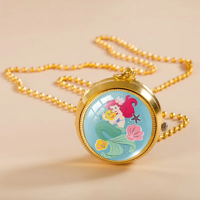 Disney The Little Mermaid Ariel Princess Vintage Pocket Watch for Women Cartoon Rotating Flip Cover Pendant Necklaces Watches