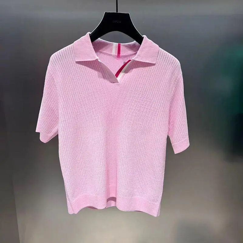 2026 Women High Elastic Golf Polo Shirt Cool Sense Mesh Breathable Short Sleeve Knit Tops Casual Daily Sport All Match Blouse
