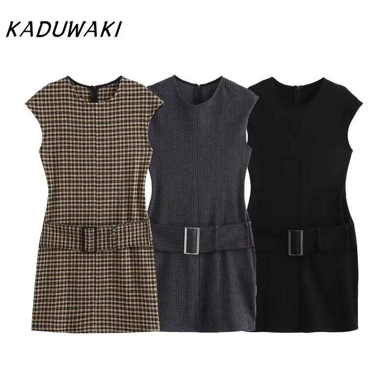 KADUWAKI Ladies Striped Knitted Beach Skirt Lady Chic O-Collar Top Dresses Sleeveless Print Belt Mini Skirt Zipper Plaid Female