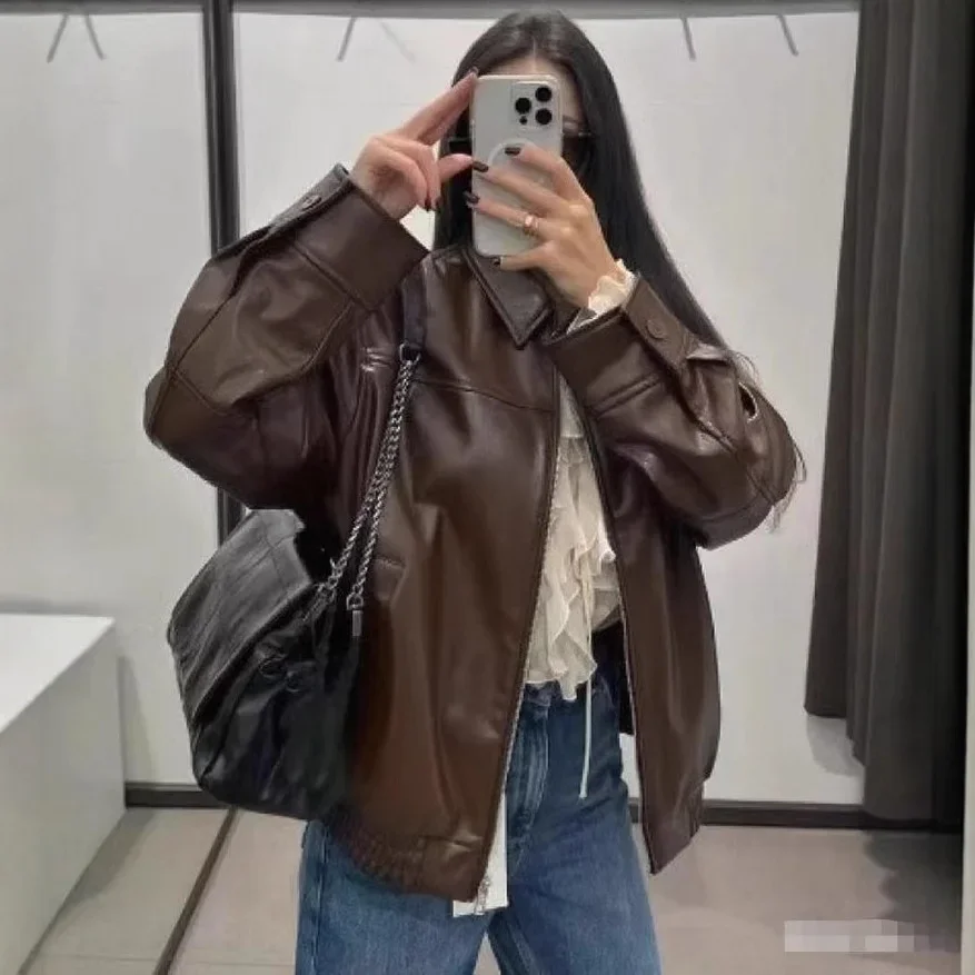 

Veste en cuir décontractée à manches longues, fermeture éclair, col rabattable, nouveau Style