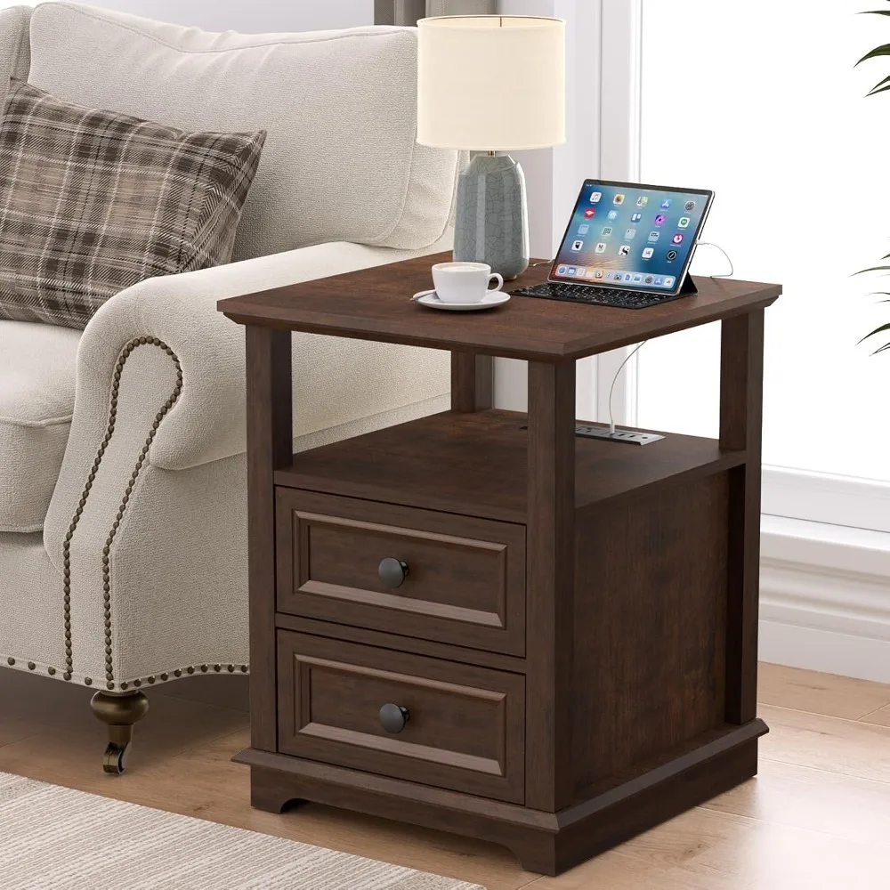 24” Large End Table with Fast Charging Station Set of 2, 18” Wide Sofa End Table with Drawers,Storage Rustic Wood Storage