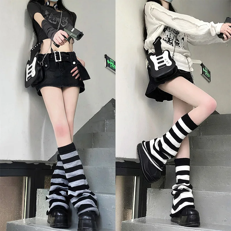 

JK Sweet Cool Wide Leg Trumpet stockings Female Hottie Y2K Black Purple Millennial Striped Stockpile Socks Skinny Calf Socks