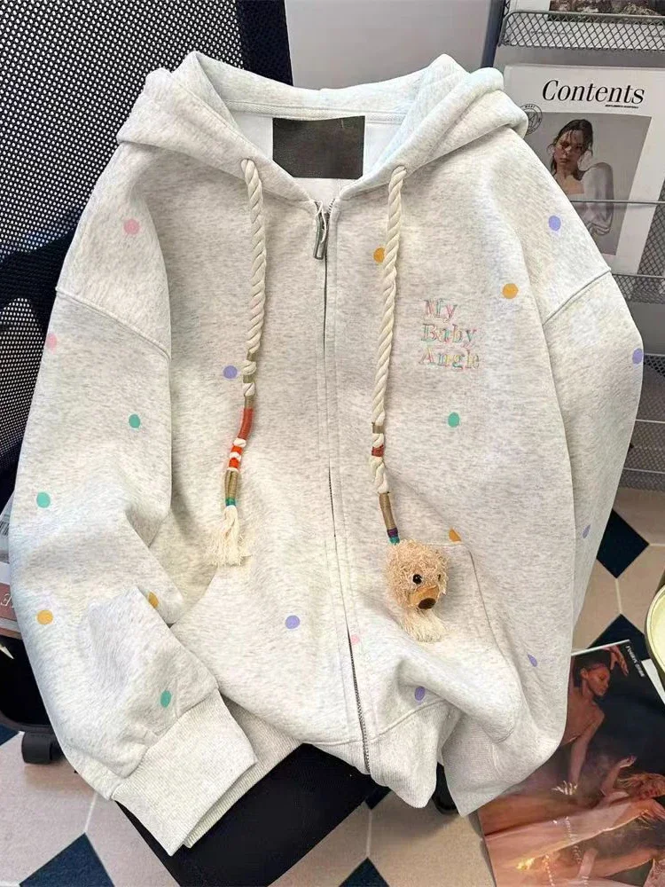 Colorful polka dot hooded sweatshirt for women's autumn and winter 2024 new Korean version loose  lazy casual cardigan jacket