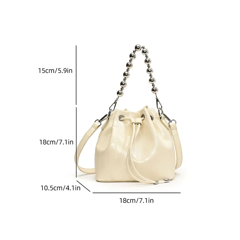 Chain Beaded Bucket Bags for Women Fashion Elegant PU Leather Shoulder Bags Female Solid Color Designer Luxury Handbags 2024