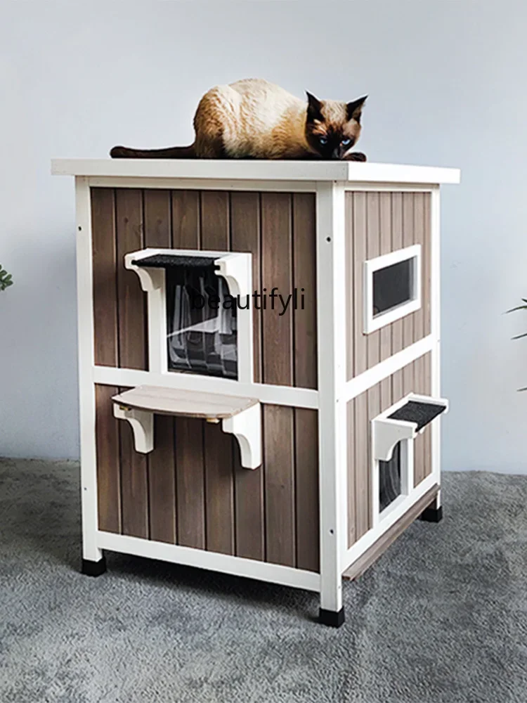 Outdoor Cat House Villa Windproof and Cold-Proof Cattery Delivery Room Wooden Two-Tier Cat Cage