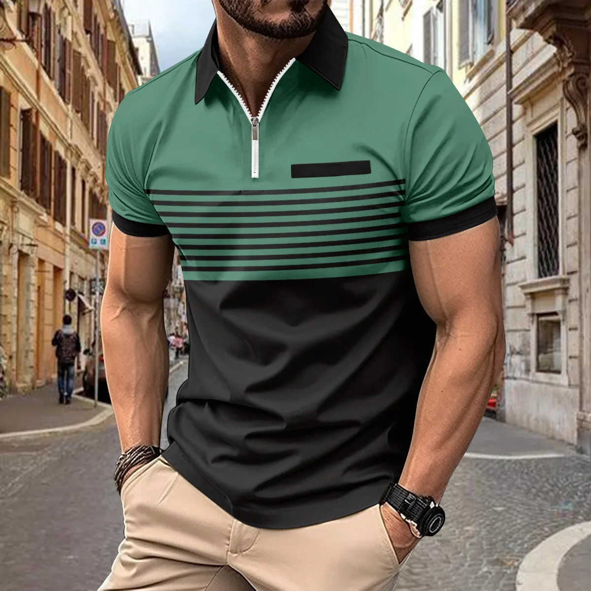 Summer Polo Shirt Zipper Men's Print Striped Polo Shirt