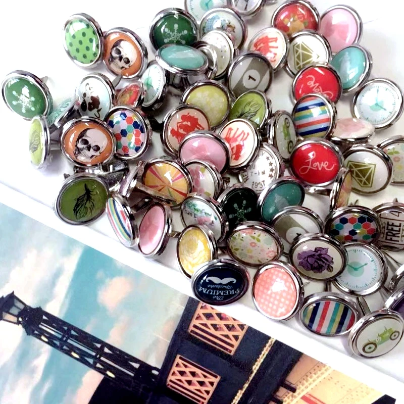 50Pcs 15MM Mix Pattern Epoxy Brads Scrapbooking Material Metal Round Stud Embellishment DIY Crafts Journal Album Decoration Pin