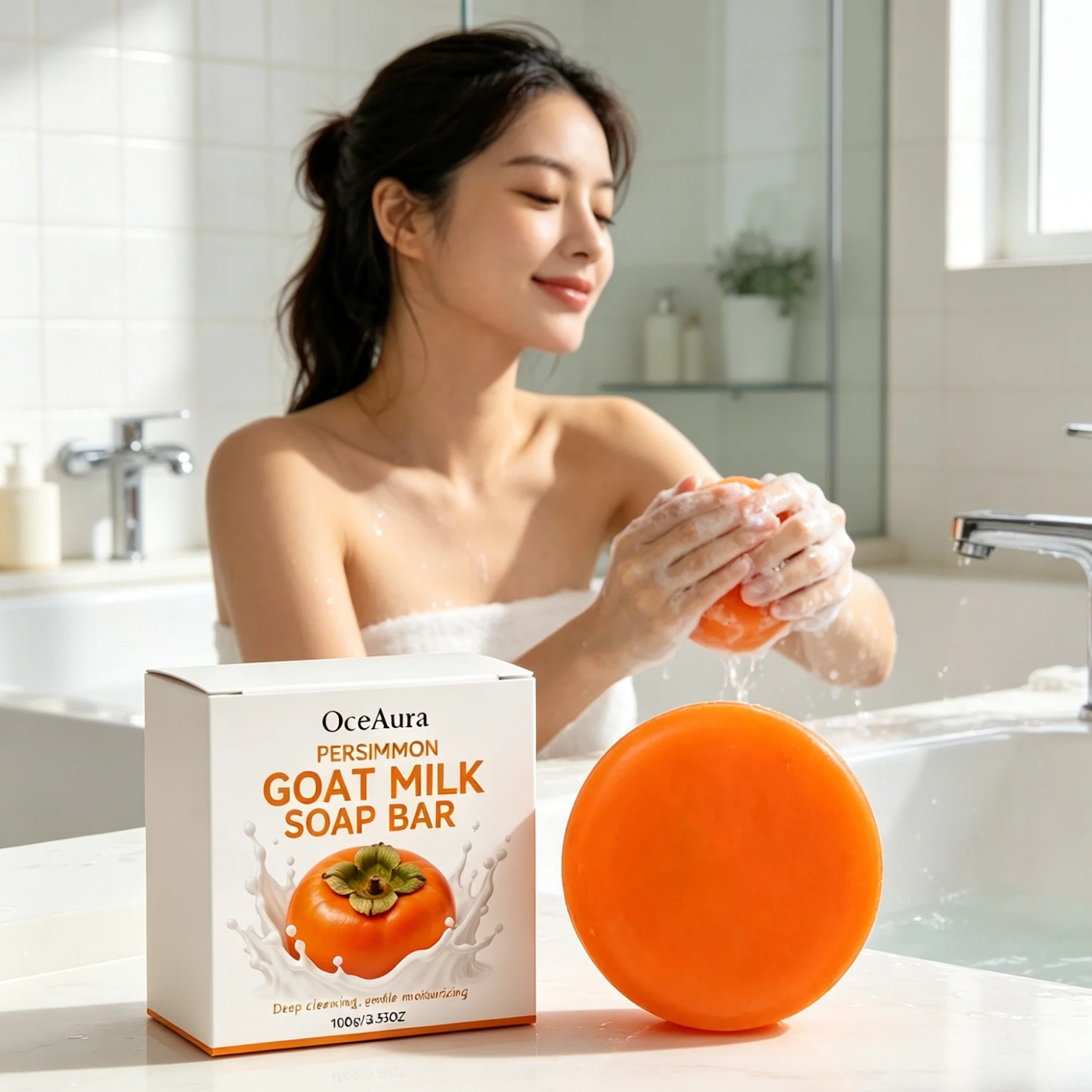 

OceAura Persimmon Soap Bar Moisturizing Skin Cleansing Body Odor Removal Deodorant Refreshing Creamy Foam Organic Goat Milk Soap