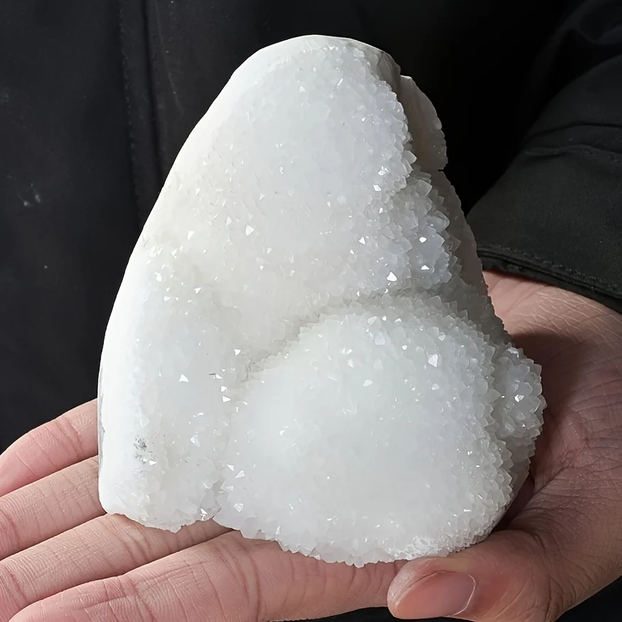 1pc Snow White Crystal Cluster Geode Quartz, Crystal Ornament with Sparkling Particles,  Home Decor & Gifts, Mineral Collection