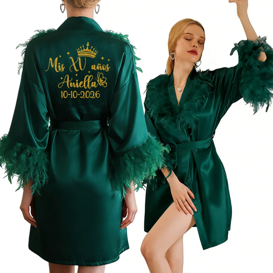 Personalized Feather Bathrobe for Women with Name And Date - Bride Bridesmaid Robe for Birthday Party Gown Mis XV Celebration view 3