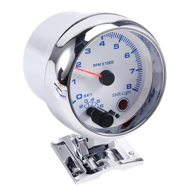 A65P-3.75-Inch Car Instrument Panel Tachometer White-Faced Blue-Light Chrome Plated Housing Car Modified Racing Meter