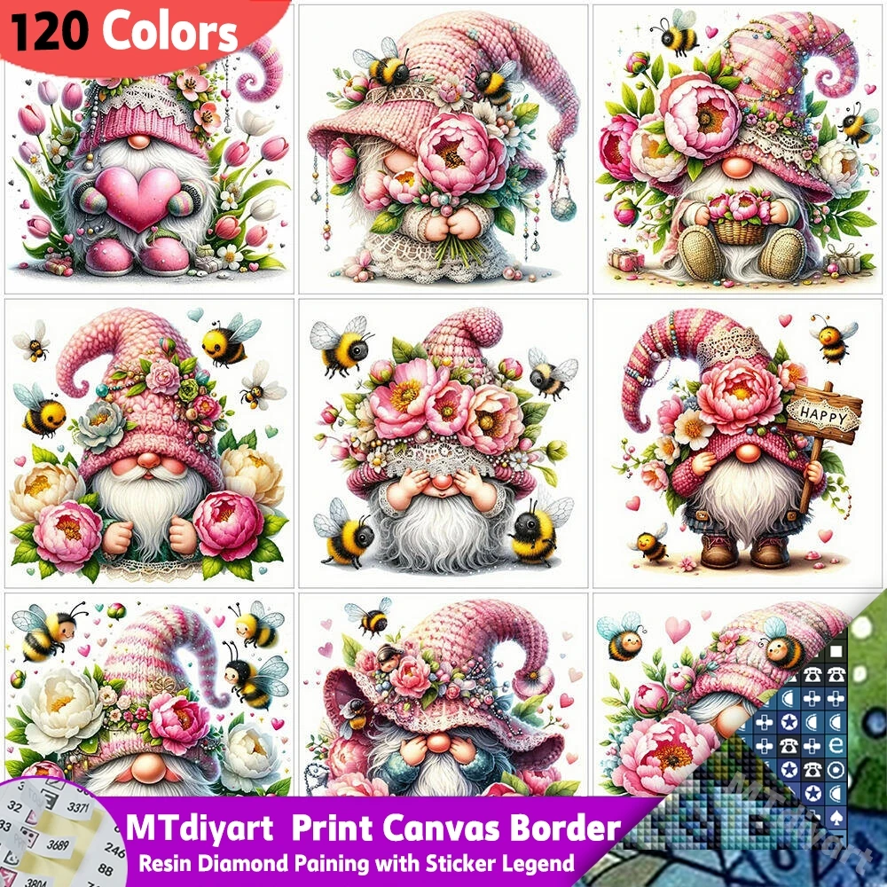 Printed Canvas Border 120 Colors Resin Diamond Painting Symbol Stickers Pink Peony Bee Spring Gnome Full Drill Floral Mosaic