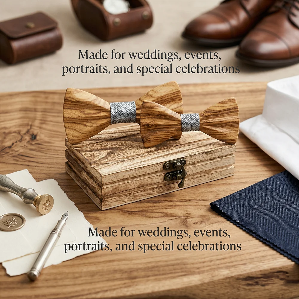 Wooden Bowtie and Cufflinks Set Natural Stripe Wood Grain Men Wedding Green Ribbon Pocket Square Formal Accessory Gift Box