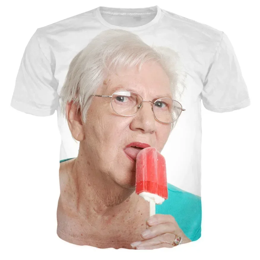 Summer Creative Grandma Fun Popsicle Short Sleeve Women Licking Red Popsicle 3d Print T-Shirt Street Trend O Neck Loose Top Tees