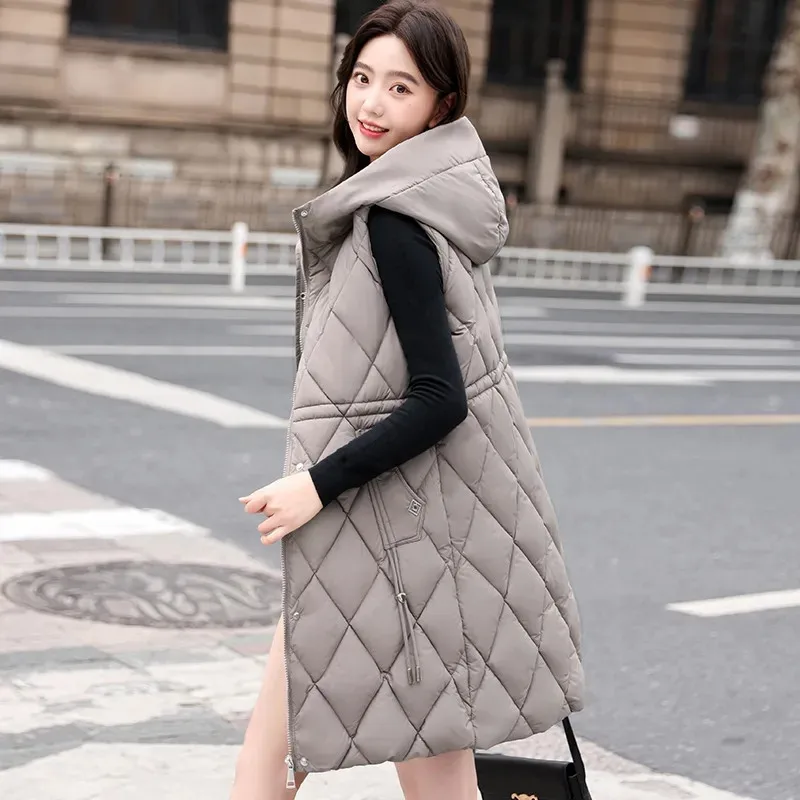 2024 Autumn And Winter New Women Vest Elegant Mid-Length Hooded Sleeveless Jacket Fashion Waist Warm Waistcoat Ladies Tops W017