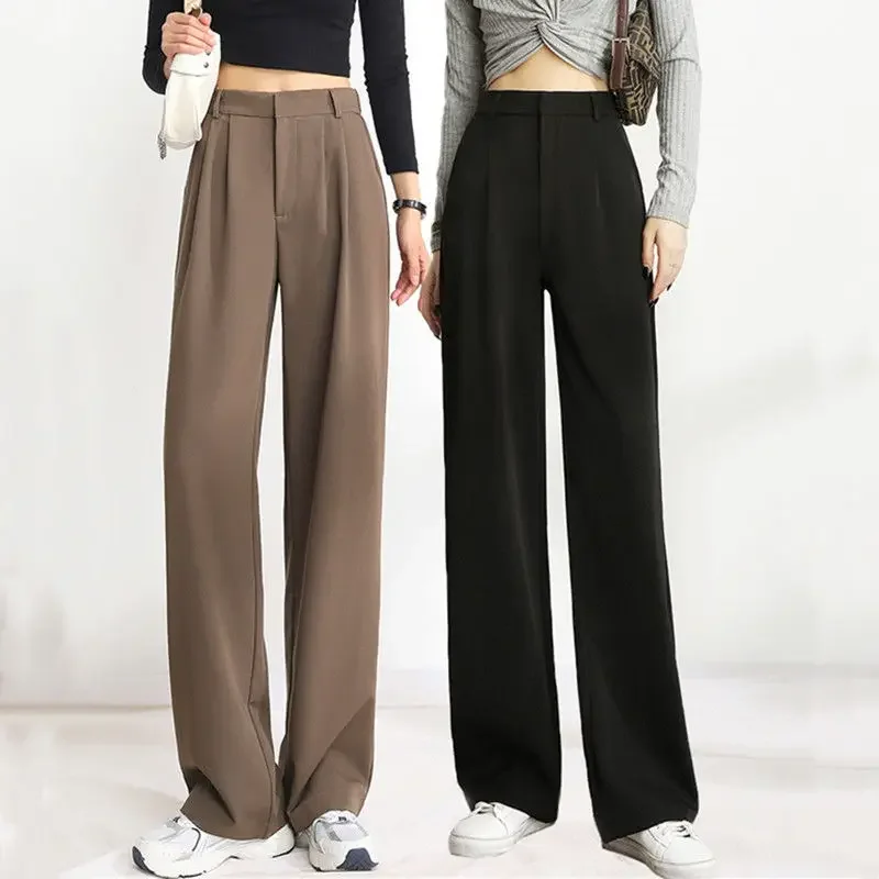 Pantalones de traje fluidos para primavera y otoño, pantalones informales largos marrones de pierna ancha para mujer, pantalones de vestir de cintura alta a la moda marrón Trendeez 2024
