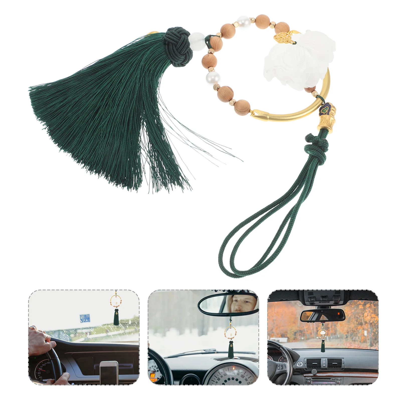 

Chinese Style White Glass Lotus Pendant Car Hanging Decoration National Cloud Pattern Rearview Mirror Ornament Lucky Feng Shui