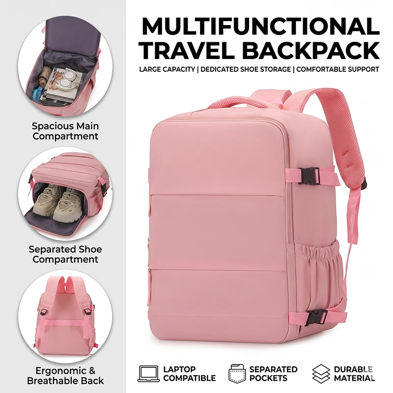 Women Large Travel Backpack, Minimalist Solid Color Carry On Rucksack with Separate Shoe Compartment & 17 Inch Laptop Sleeve, Br
