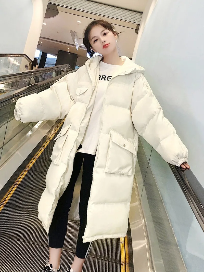 Plus Size Overcoat Winter Warm Cotton Jacket White  New Women Thick Down Padded Jacket Korean Loose Mid-length Hooded Black